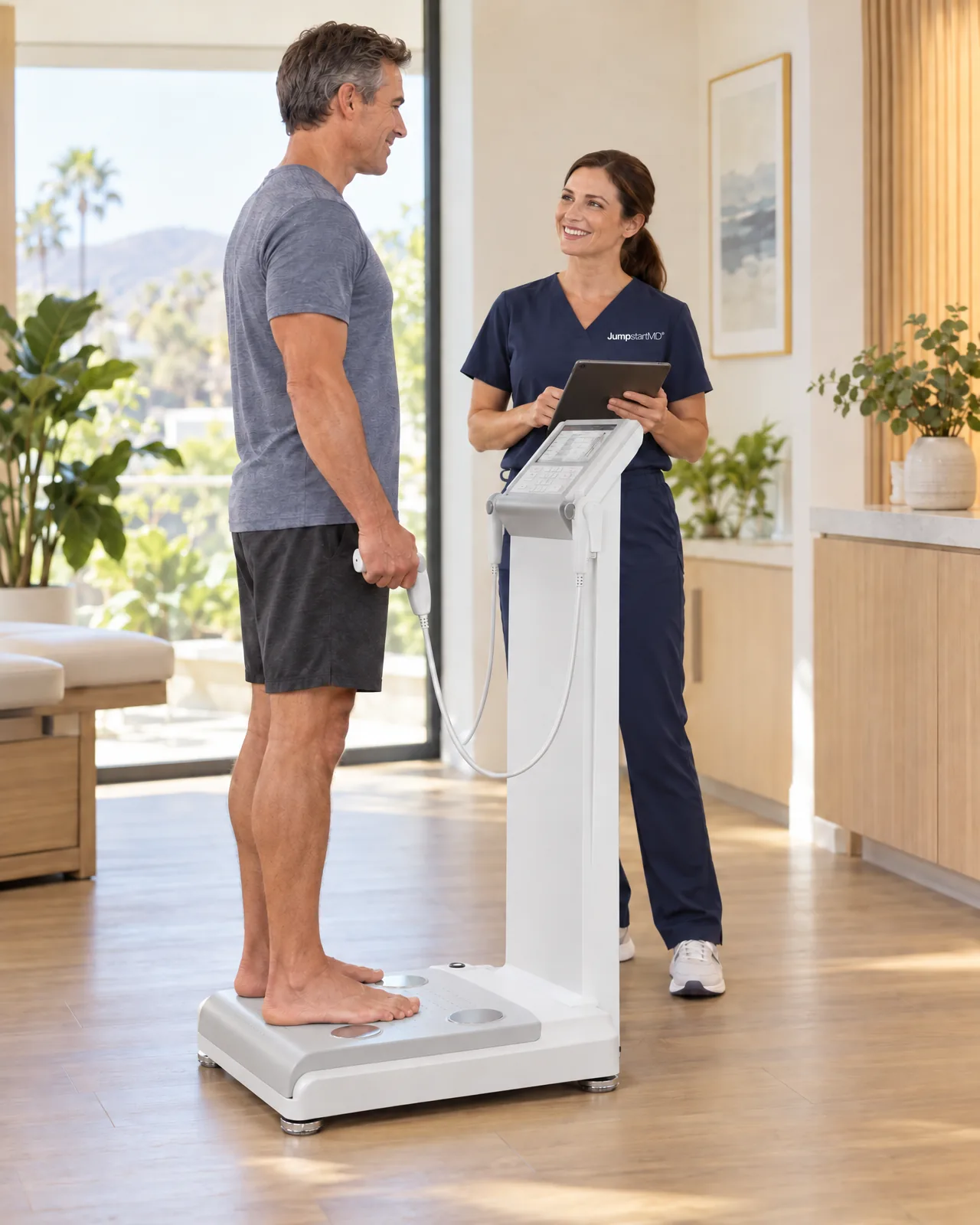 A JumpstartMD member on an InBody 770 body-composition scan with his clinician